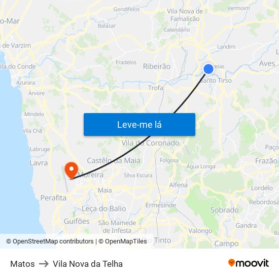Matos to Vila Nova da Telha map