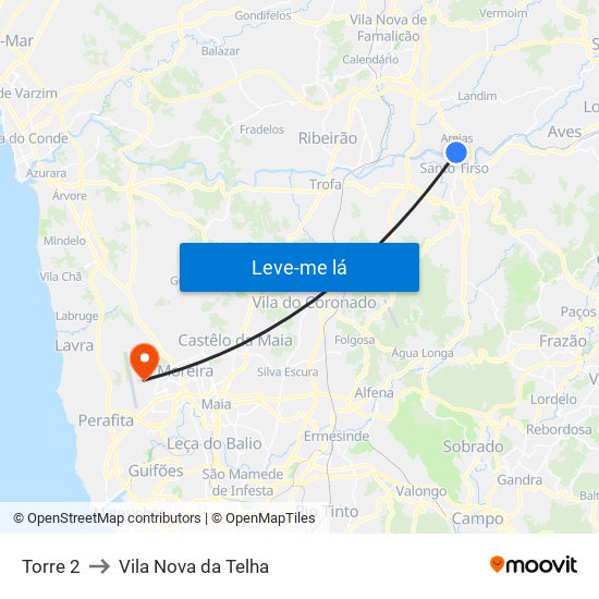 Torre 2 to Vila Nova da Telha map