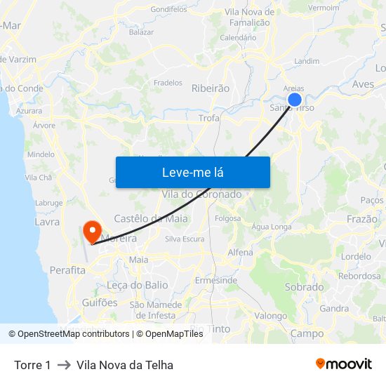 Torre 1 to Vila Nova da Telha map
