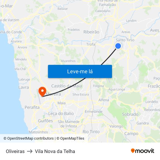 Oliveiras to Vila Nova da Telha map