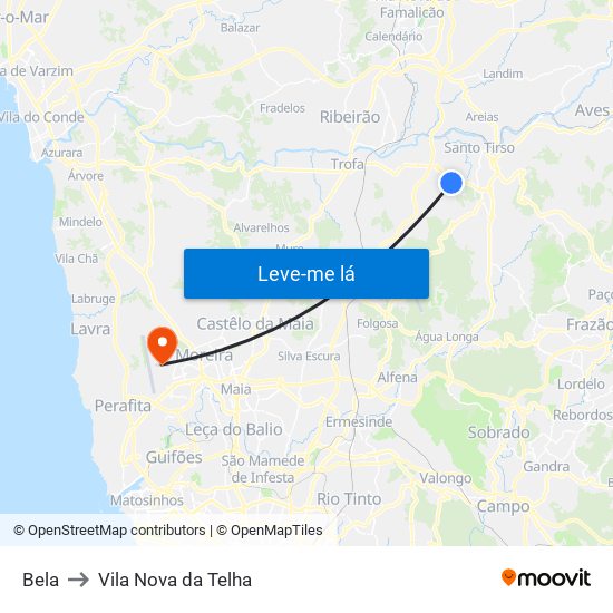 Bela to Vila Nova da Telha map