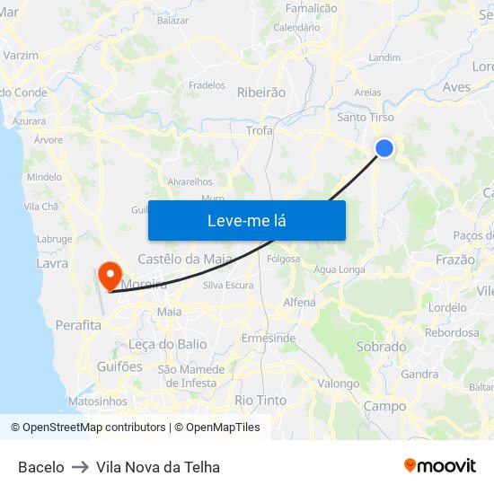 Bacelo to Vila Nova da Telha map