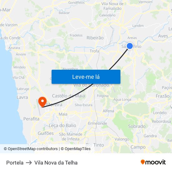 Portela to Vila Nova da Telha map