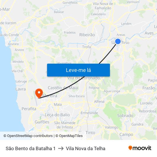 São Bento da Batalha 1 to Vila Nova da Telha map