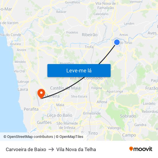 Carvoeira de Baixo to Vila Nova da Telha map