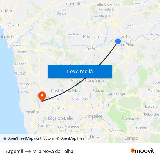 Argemil to Vila Nova da Telha map