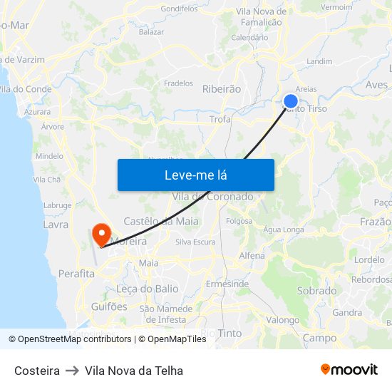 Costeira to Vila Nova da Telha map