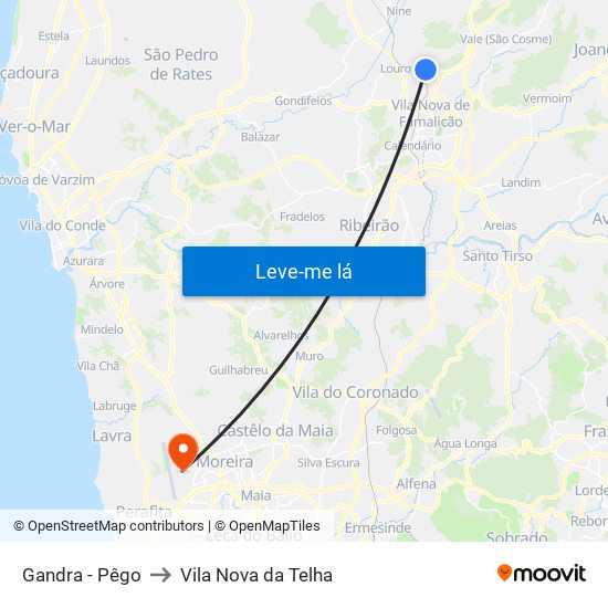 Pêgo/Gandra to Vila Nova da Telha map