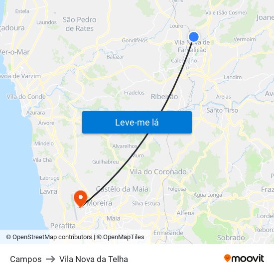 Campos to Vila Nova da Telha map