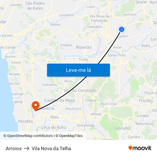 Arroios to Vila Nova da Telha map