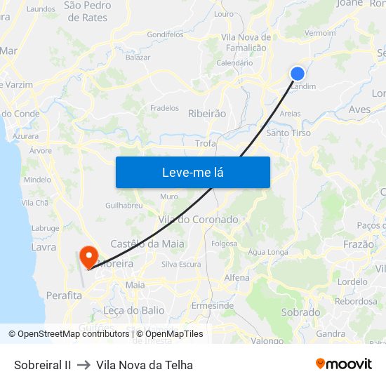 Sobreiral II to Vila Nova da Telha map