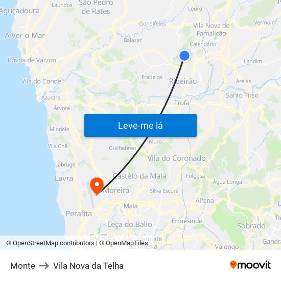 Monte to Vila Nova da Telha map