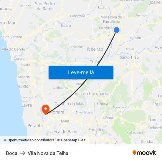 Boca to Vila Nova da Telha map