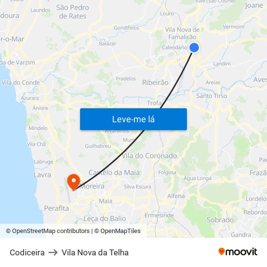 Codiceira to Vila Nova da Telha map