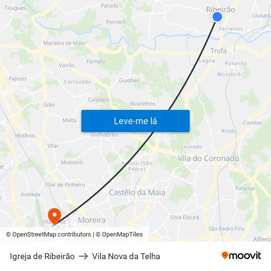 Igreja de Ribeirão to Vila Nova da Telha map