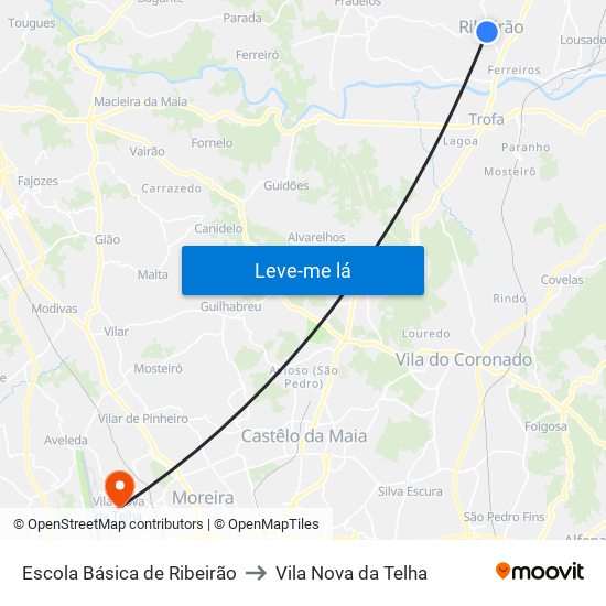 Escola Básica de Ribeirão to Vila Nova da Telha map