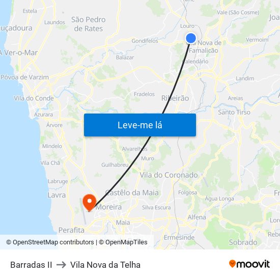 Barradas II to Vila Nova da Telha map