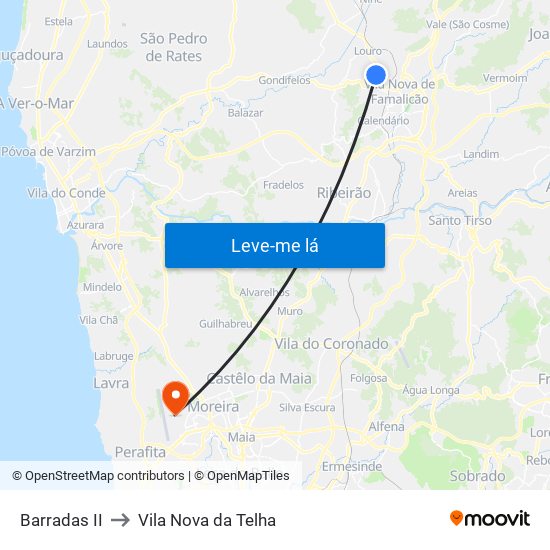 Barradas II to Vila Nova da Telha map