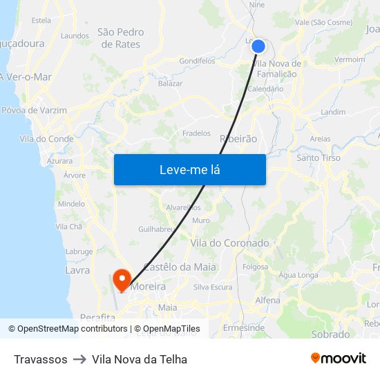 Travassos to Vila Nova da Telha map