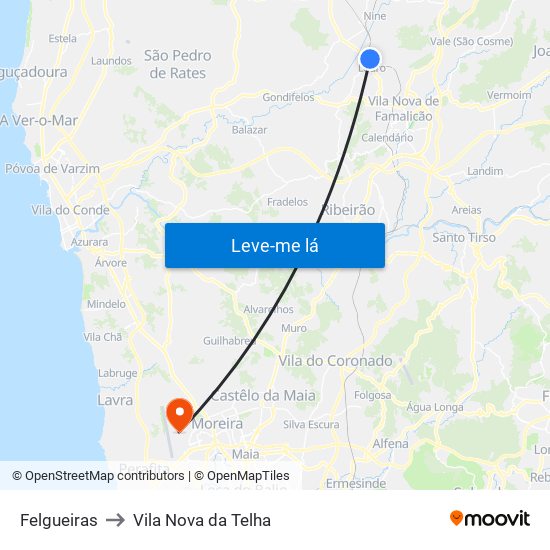 Felgueiras to Vila Nova da Telha map