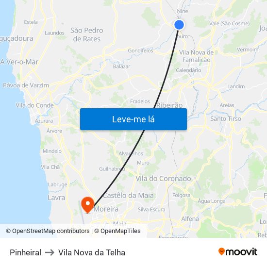 Pinheiral to Vila Nova da Telha map