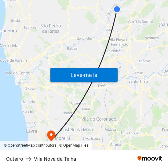 Outeiro to Vila Nova da Telha map