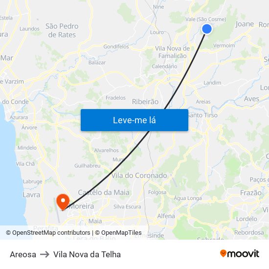 Areosa to Vila Nova da Telha map