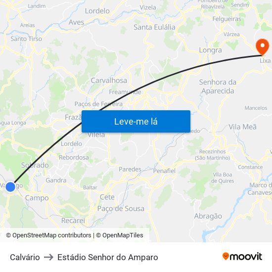 Calvário to Estádio Senhor do Amparo map