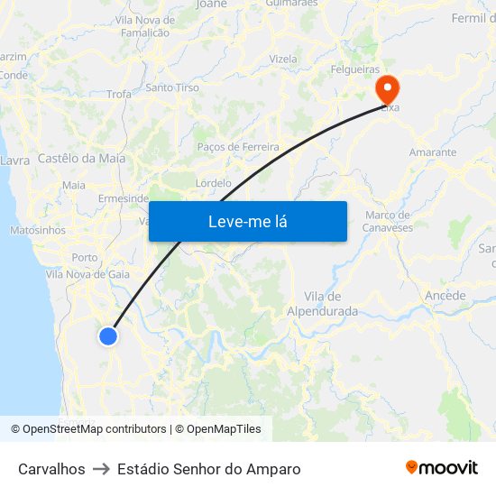 Carvalhos to Estádio Senhor do Amparo map
