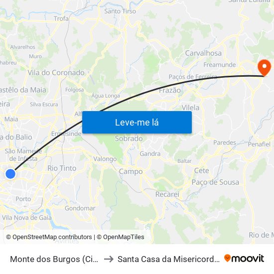 Monte dos Burgos (Circunvalação) to Santa Casa da Misericordia de Lousada map