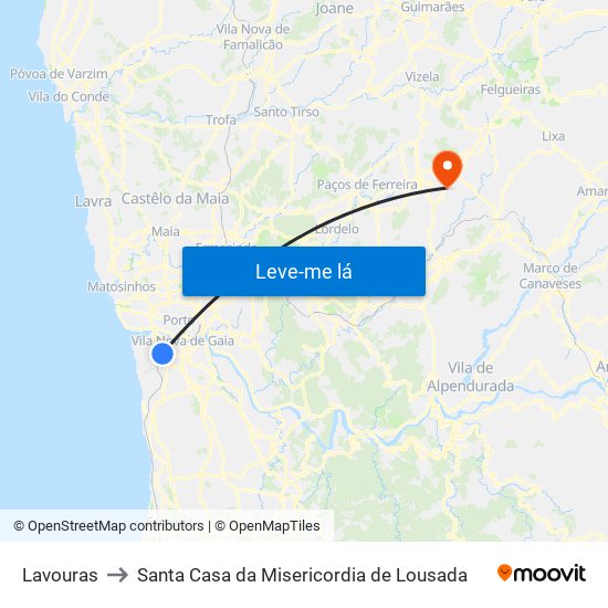 Lavouras to Santa Casa da Misericordia de Lousada map