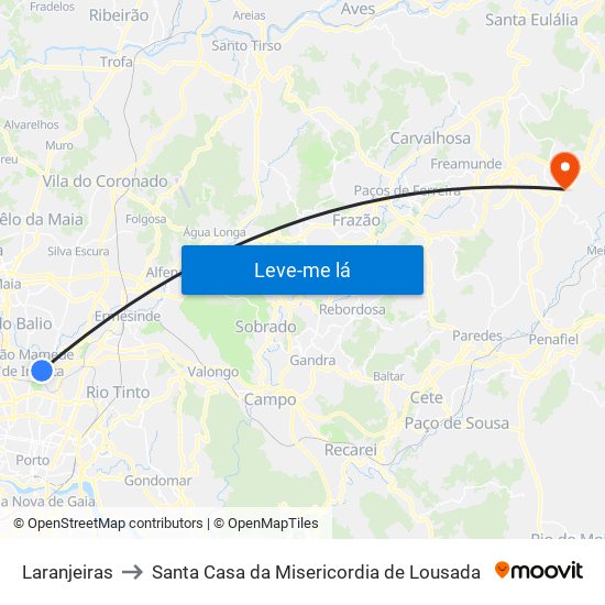 Laranjeiras to Santa Casa da Misericordia de Lousada map