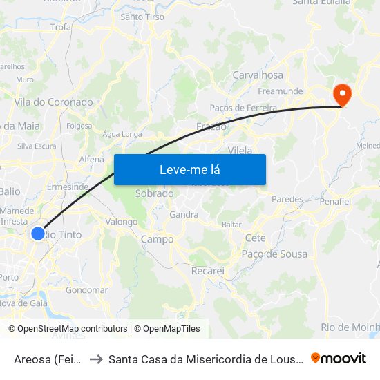 Areosa (Feira) to Santa Casa da Misericordia de Lousada map