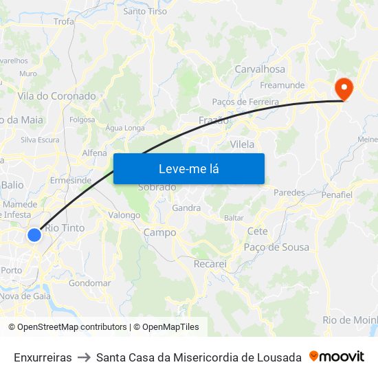 Enxurreiras to Santa Casa da Misericordia de Lousada map