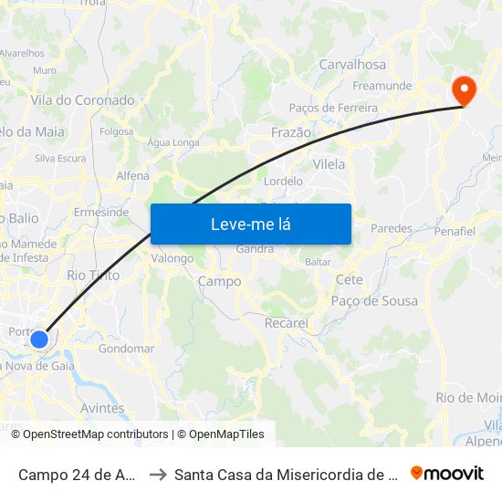 Campo 24 de Agosto to Santa Casa da Misericordia de Lousada map