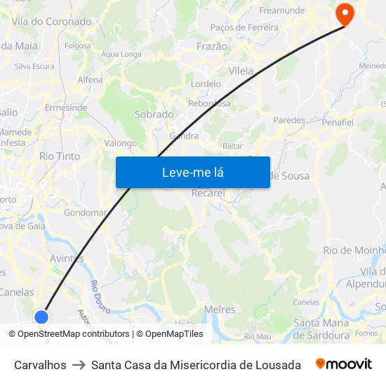 Carvalhos to Santa Casa da Misericordia de Lousada map