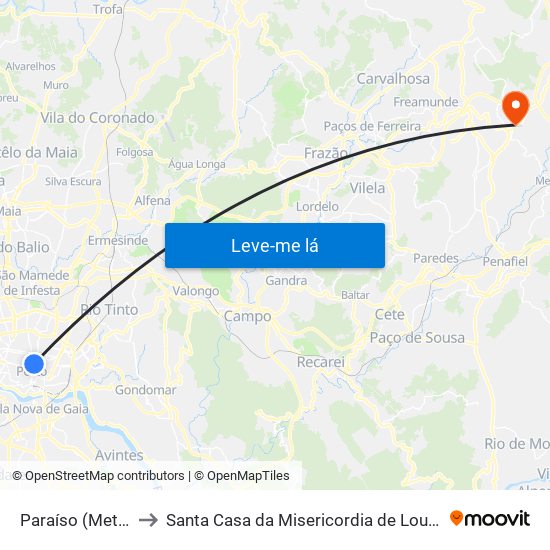 Paraíso (Metro) to Santa Casa da Misericordia de Lousada map