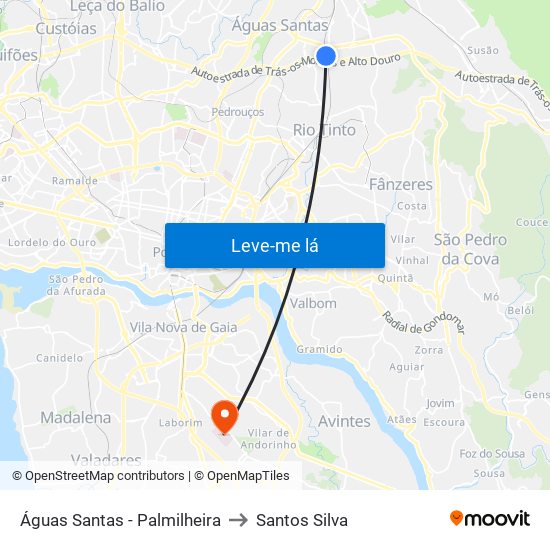 Águas Santas - Palmilheira to Santos Silva map