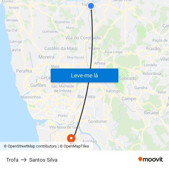 Trofa to Santos Silva map