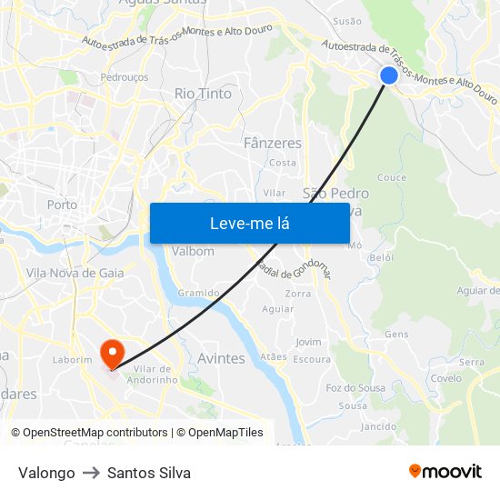 Valongo to Santos Silva map