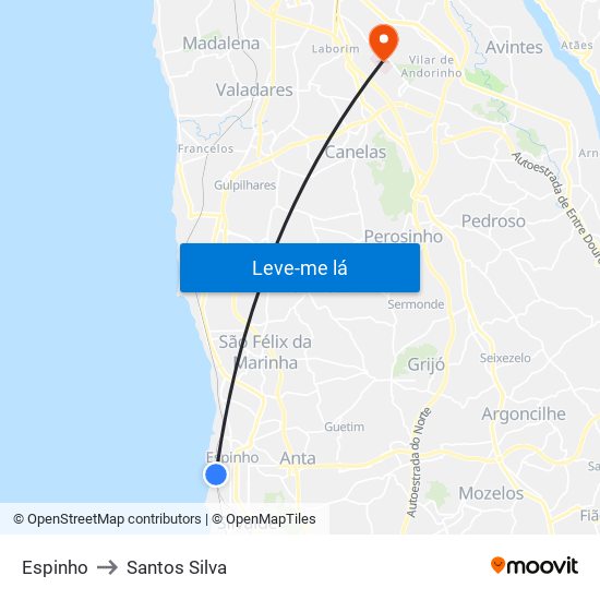 Espinho to Santos Silva map