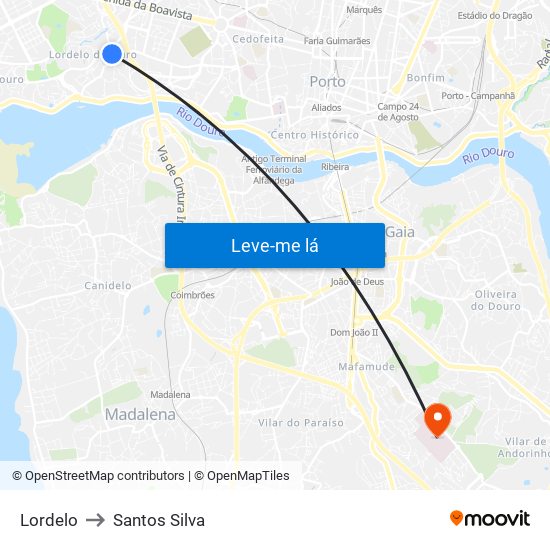 Lordelo to Santos Silva map