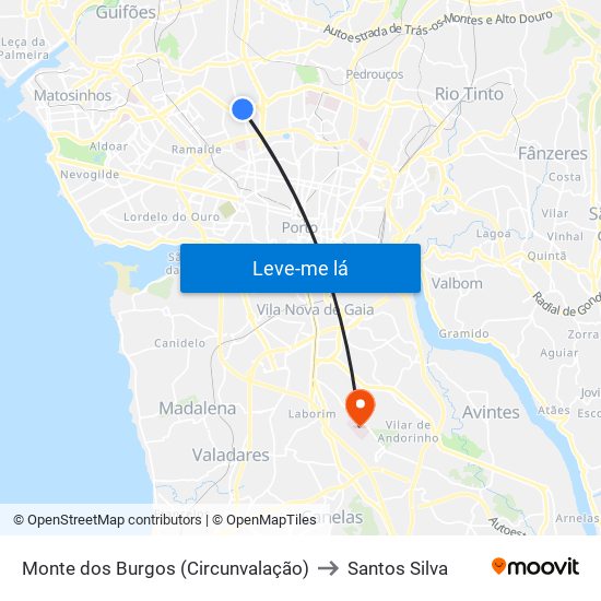 Monte dos Burgos (Circunvalação) to Santos Silva map