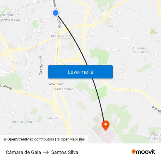 Câmara de Gaia to Santos Silva map