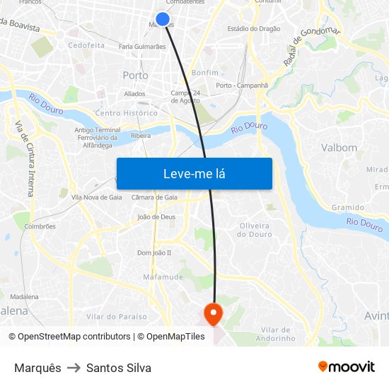 Marquês to Santos Silva map
