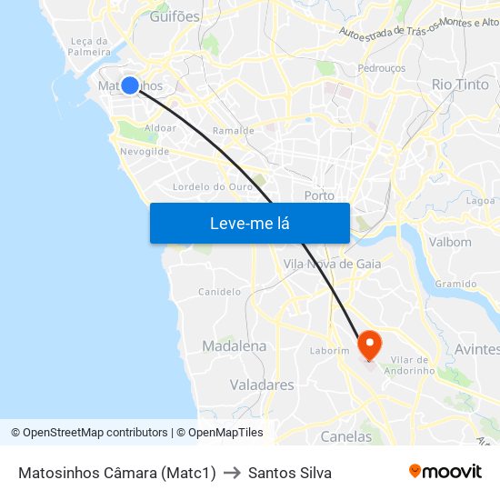 Matosinhos Câmara (Matc1) to Santos Silva map