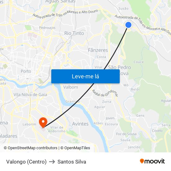 Valongo (Centro) to Santos Silva map