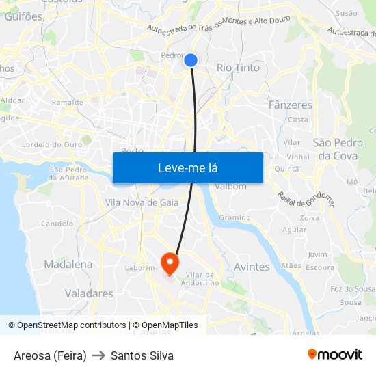 Areosa (Feira) to Santos Silva map