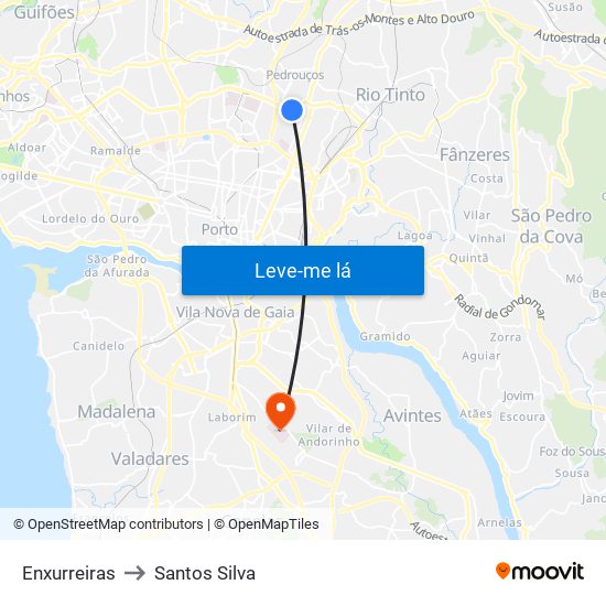 Enxurreiras to Santos Silva map