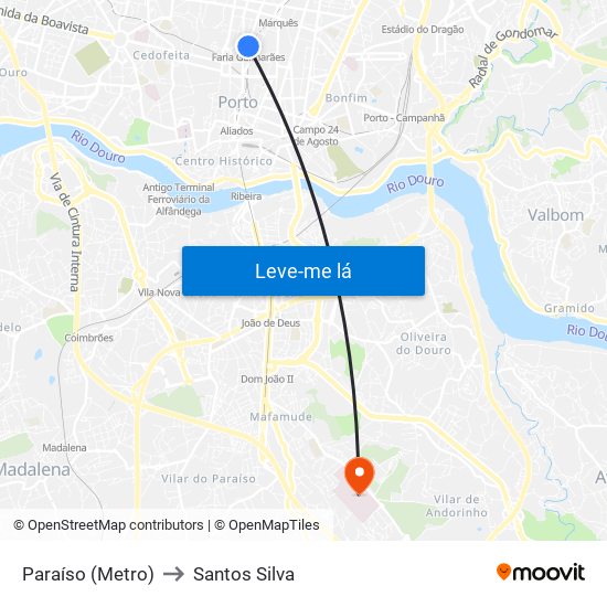 Paraíso (Metro) to Santos Silva map